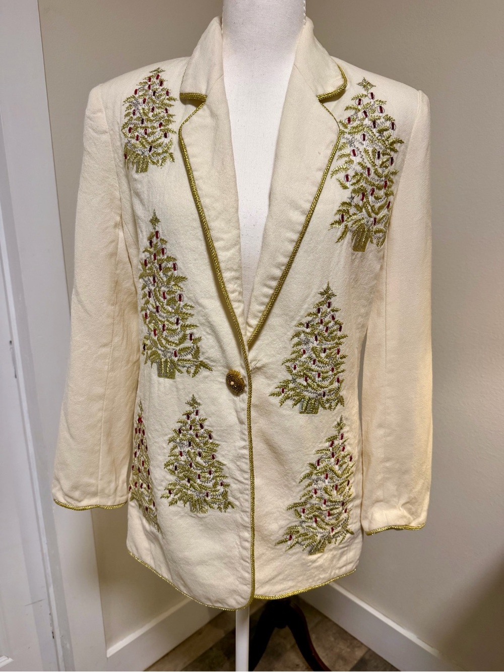 Vintage Cream Embroidered Holiday Blazer Gold & Red Christmas Trees 🎄 Wool Jenna